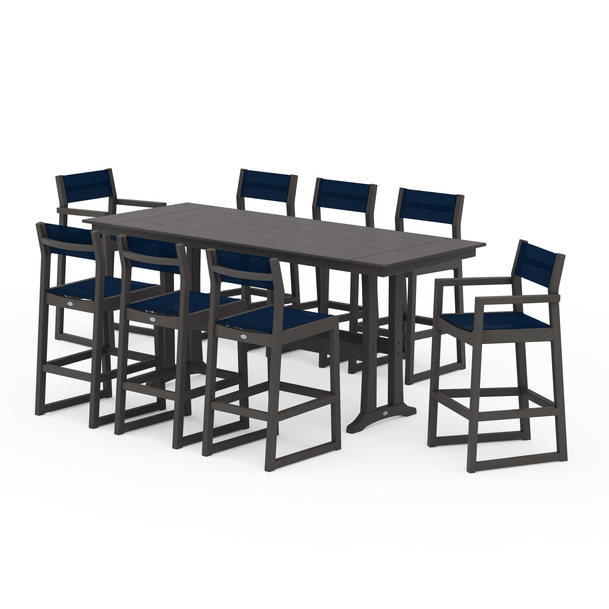 POLYWOOD EDGE Sling 9-Piece Farmhouse Bar Set with Trestle Legs — Vintage Coffee / Navy Blue Sling