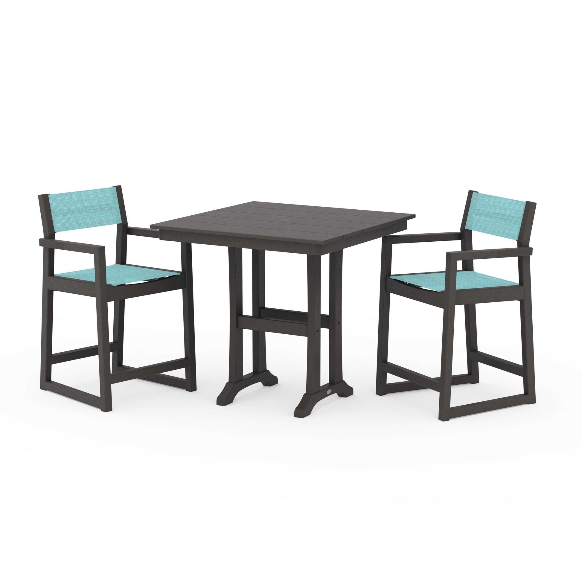 POLYWOOD EDGE Sling Arm Chair 3-Piece Farmhouse Counter Set with Trestle Legs — Vintage Coffee / Dupioni Aquamarine Sling