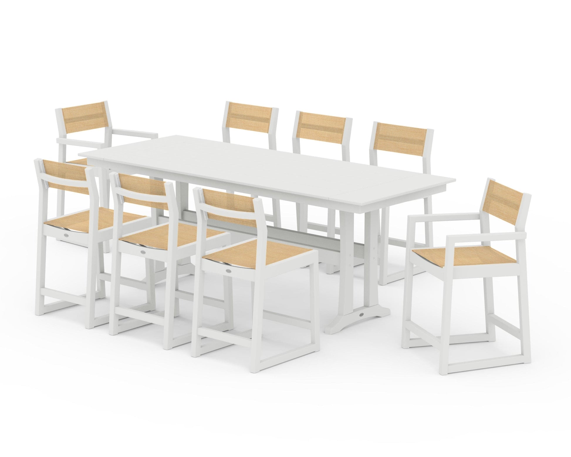 POLYWOOD EDGE Sling 9-Piece Farmhouse Counter Set with Trestle Legs — Vintage White / Dupioni Apricot Sling
