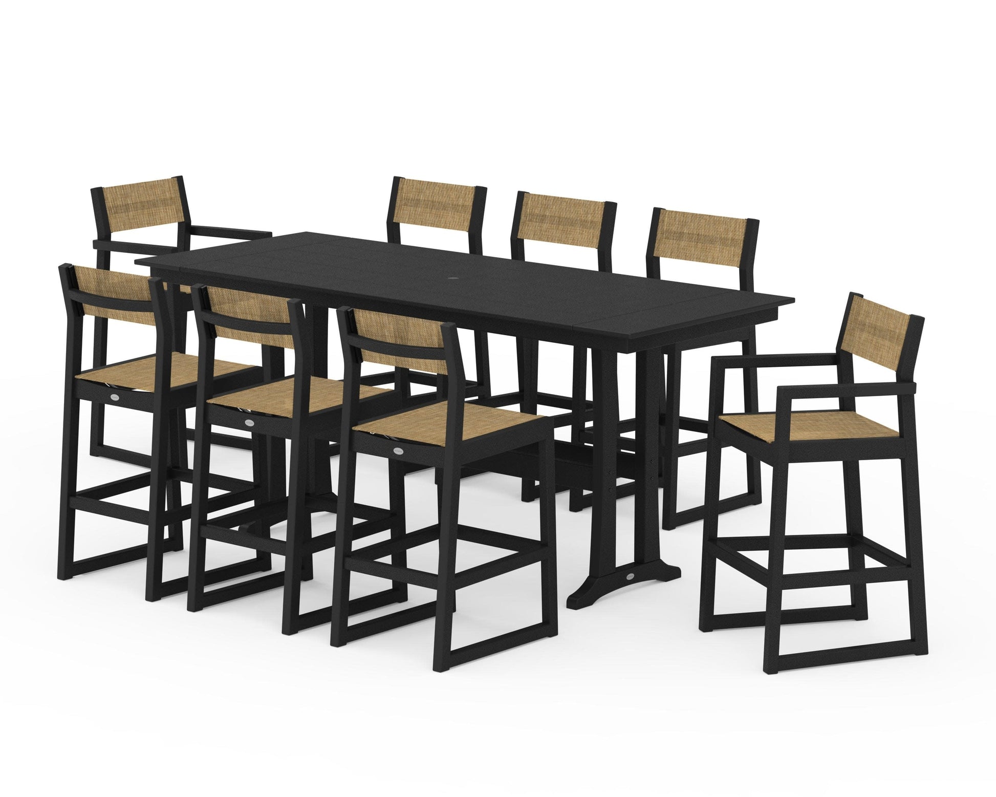 POLYWOOD EDGE Sling 9-Piece Farmhouse Bar Set with Trestle Legs — Black / Burlap Sling