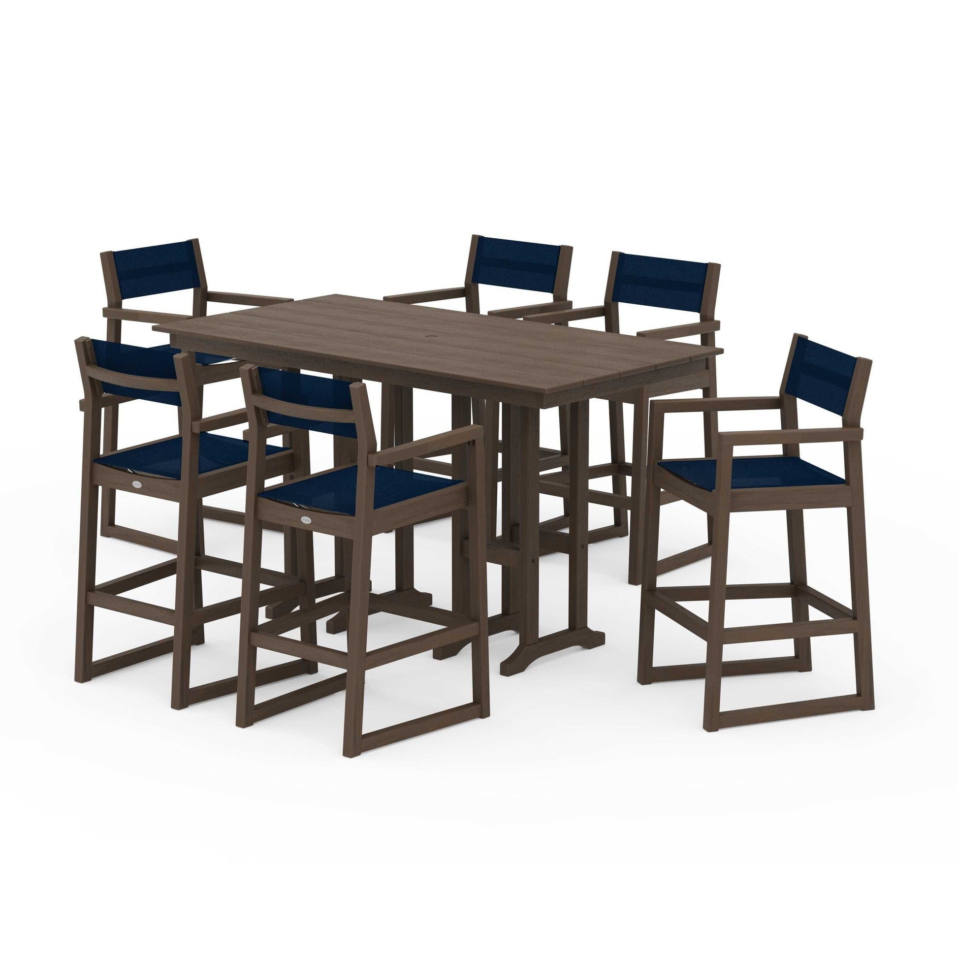 POLYWOOD EDGE Sling Arm Chair 7-Piece Farmhouse Bar Set — Kona / Navy Blue Sling