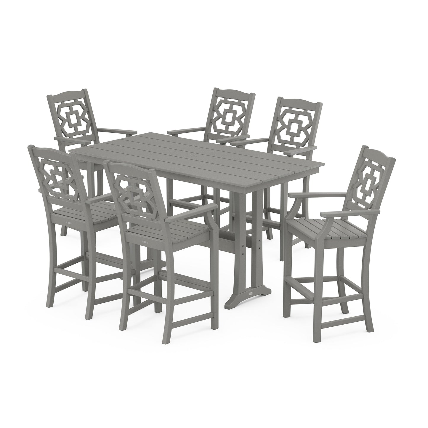 POLYWOOD Chinoiserie Arm Chair 7-Piece Farmhouse Bar Set with Trestle Legs — Slate Grey
