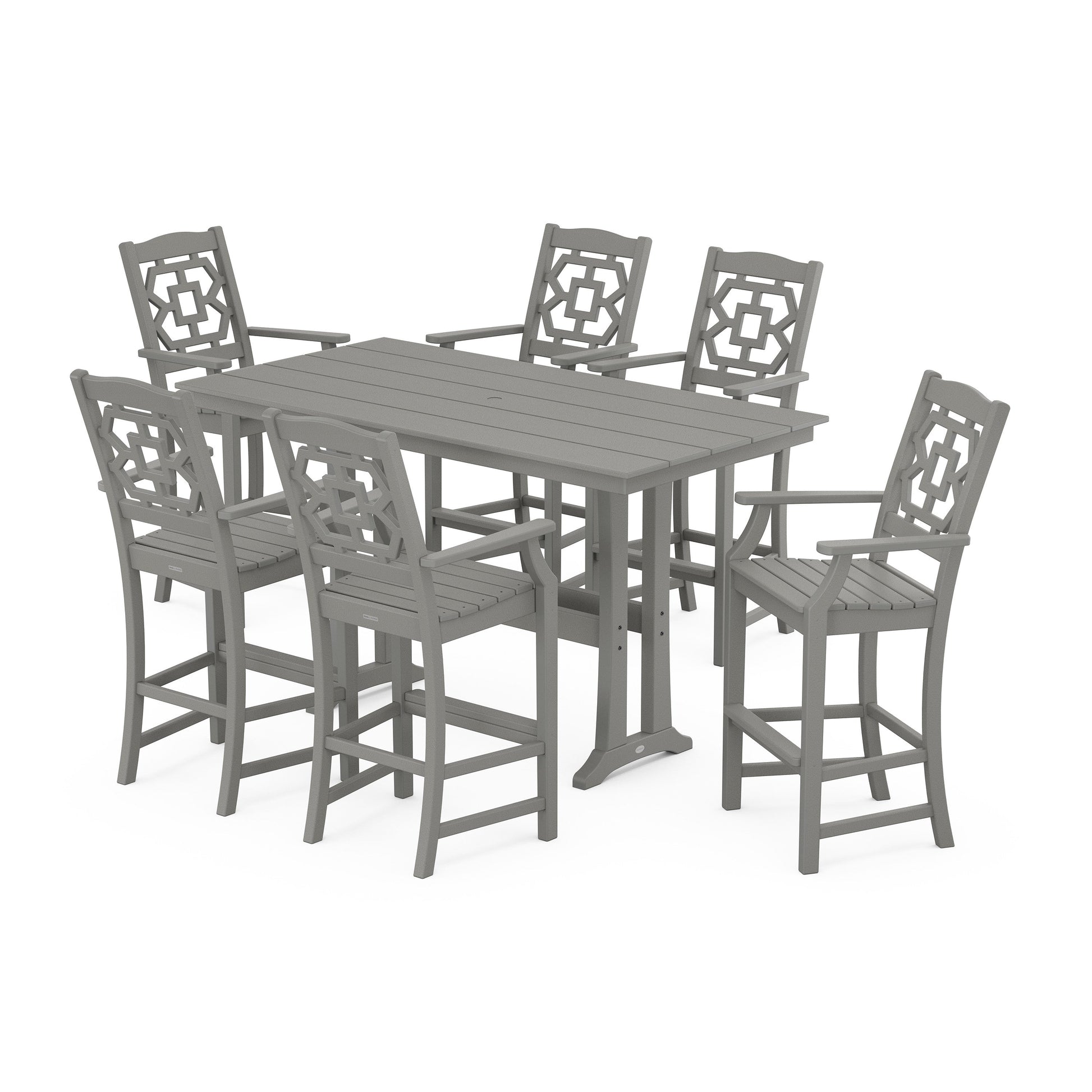 POLYWOOD Chinoiserie Arm Chair 7-Piece Farmhouse Bar Set with Trestle Legs — Slate Grey