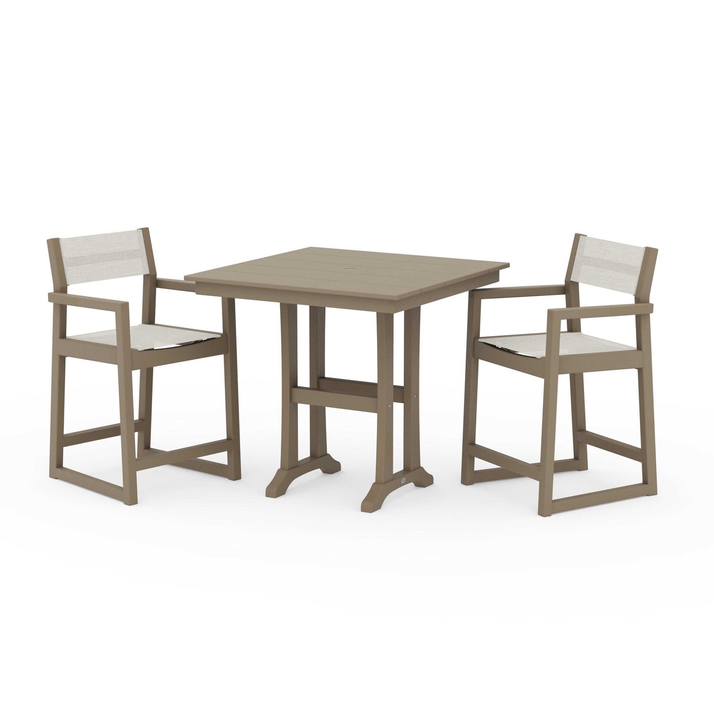 POLYWOOD EDGE Sling Arm Chair 3-Piece Farmhouse Counter Set with Trestle Legs — Vintage Sahara / Parchment Sling