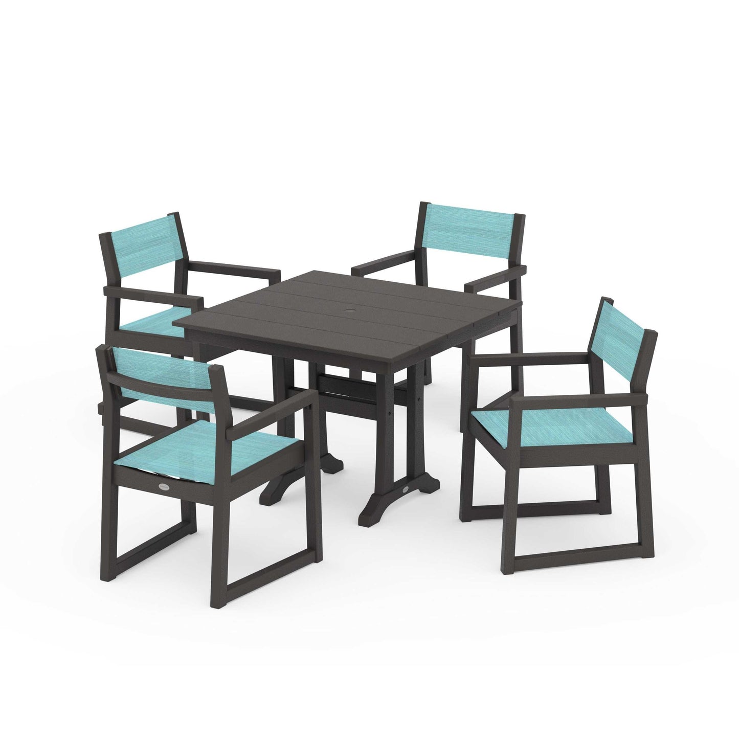 POLYWOOD EDGE Sling 5-Piece Farmhouse Dining Set with Trestle Legs — Vintage Coffee / Dupioni Aquamarine Sling