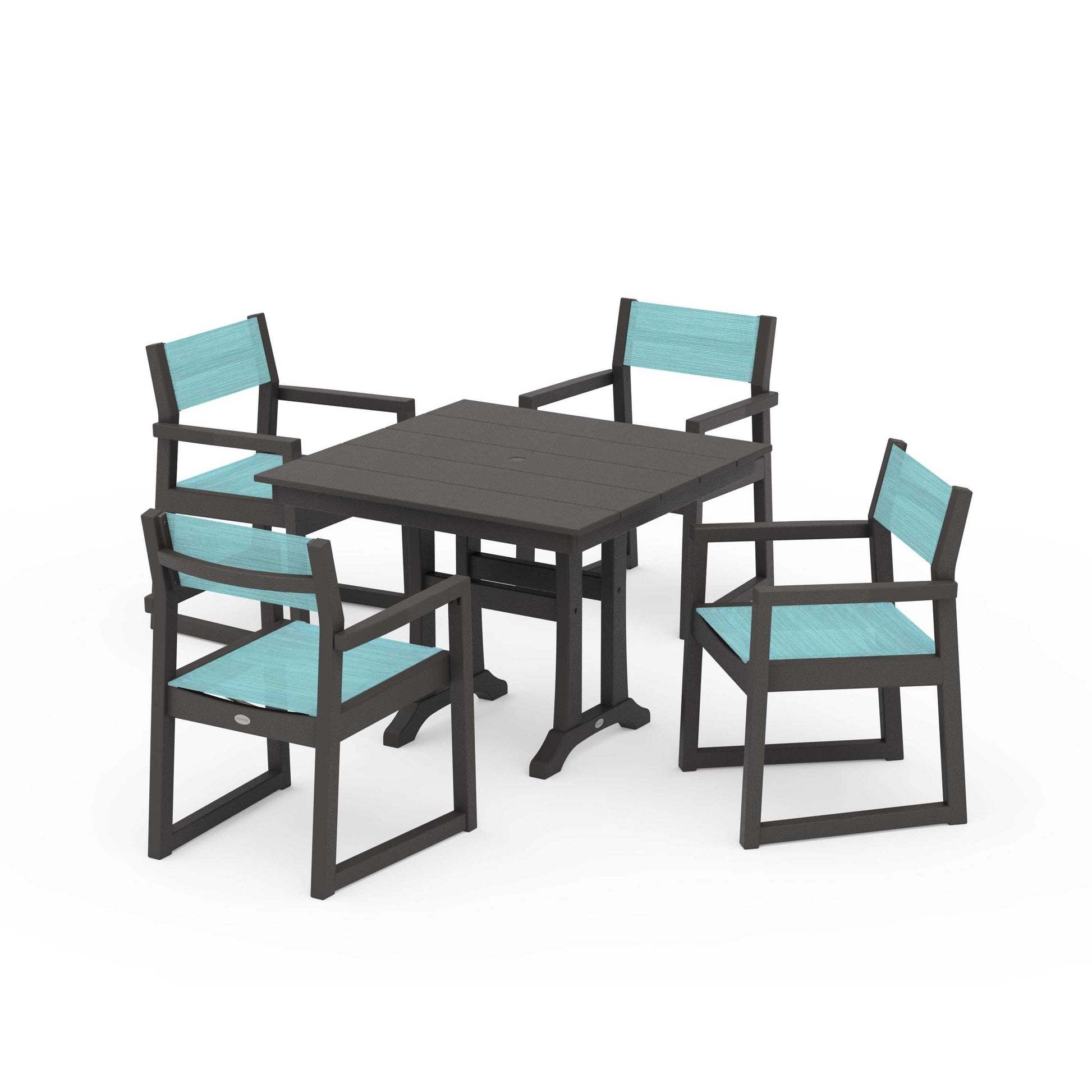 POLYWOOD EDGE Sling 5-Piece Farmhouse Dining Set with Trestle Legs — Vintage Coffee / Dupioni Aquamarine Sling