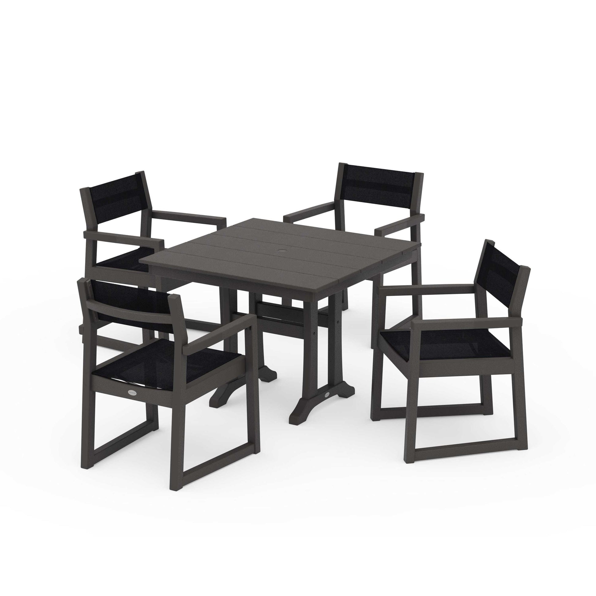POLYWOOD EDGE Sling 5-Piece Farmhouse Dining Set with Trestle Legs — Vintage Coffee / Black Sling