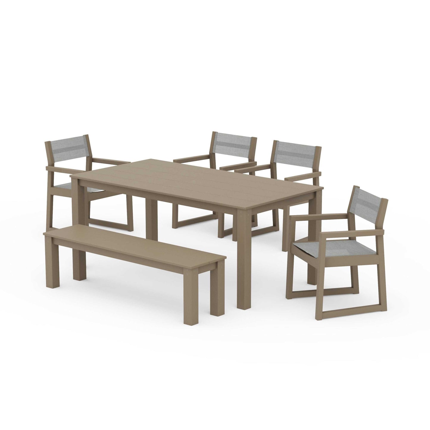 POLYWOOD EDGE Sling Arm Chair 6-Piece Parsons Dining Set with Bench — Vintage Sahara / Metallic Sling