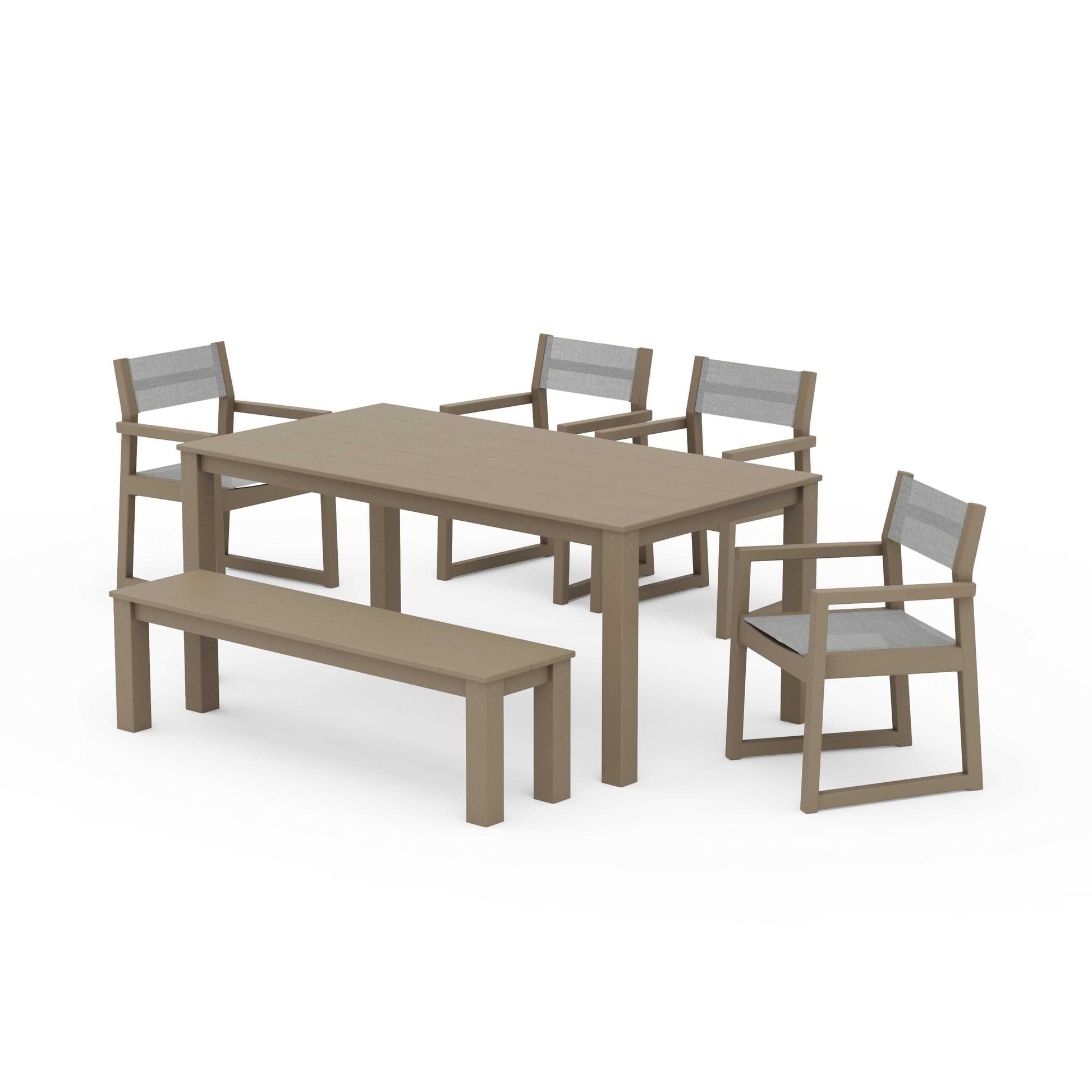 POLYWOOD EDGE Sling Arm Chair 6-Piece Parsons Dining Set with Bench — Vintage Sahara / Metallic Sling