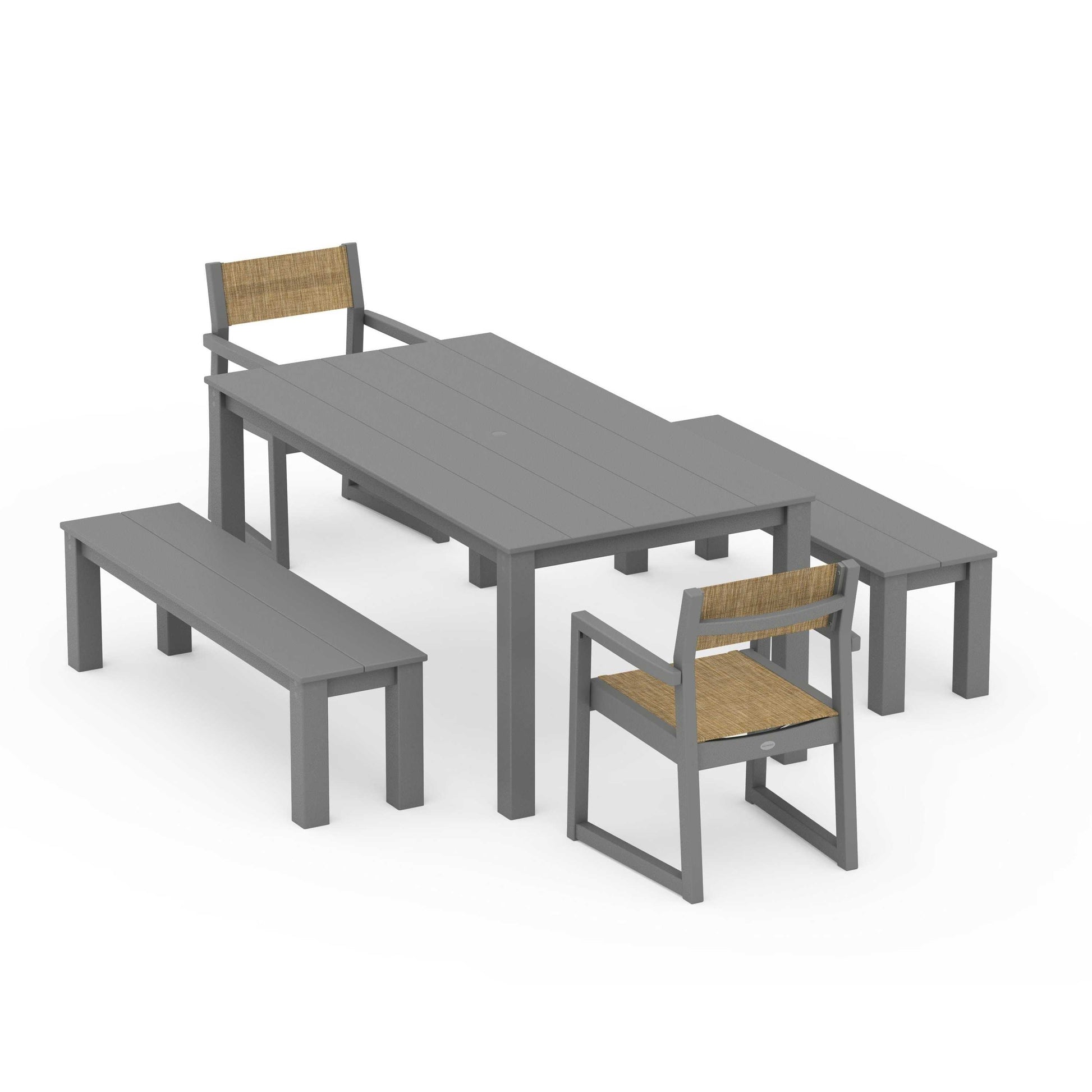 POLYWOOD EDGE Sling Arm Chair 5-Piece Parsons Dining Set with Benches — Slate Grey / Burlap Sling