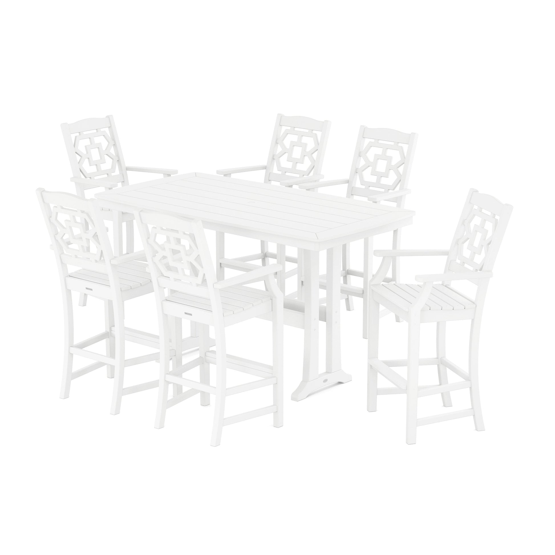 POLYWOOD Chinoiserie Arm Chair 7-Piece Bar Set with Trestle Legs — White