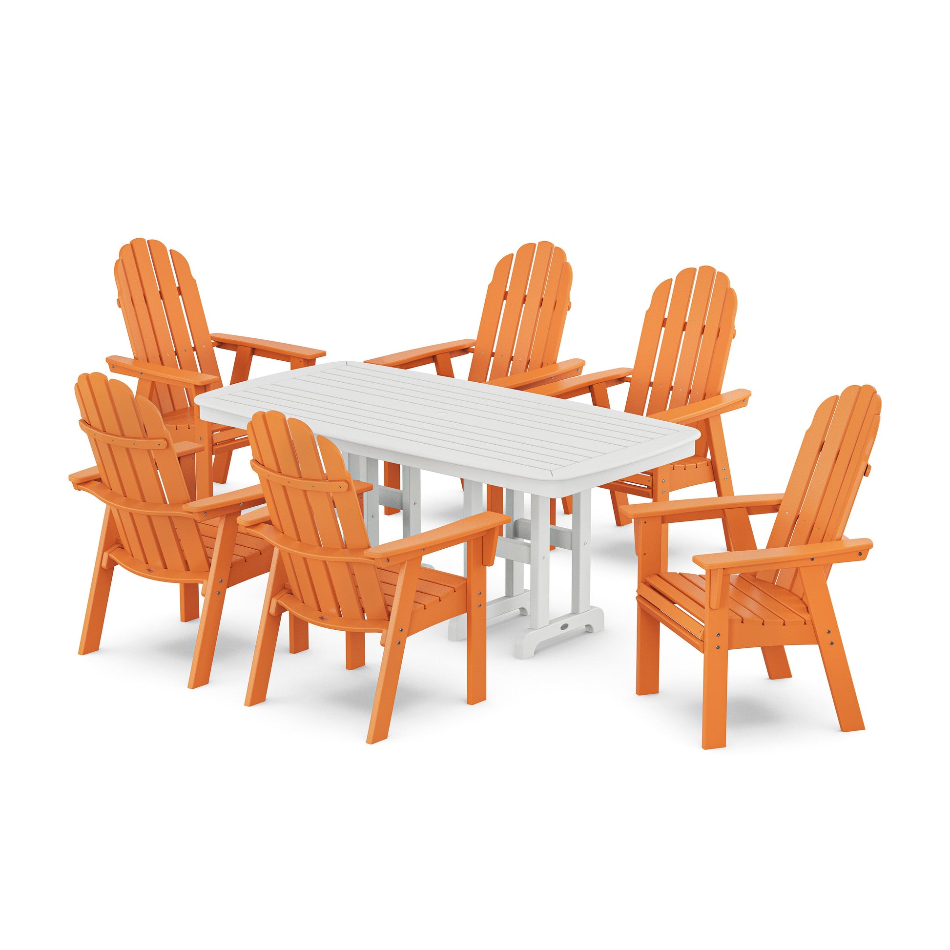 POLYWOOD Vineyard Curveback Adirondack Chair 7-Piece Dining Set — Tangerine / White