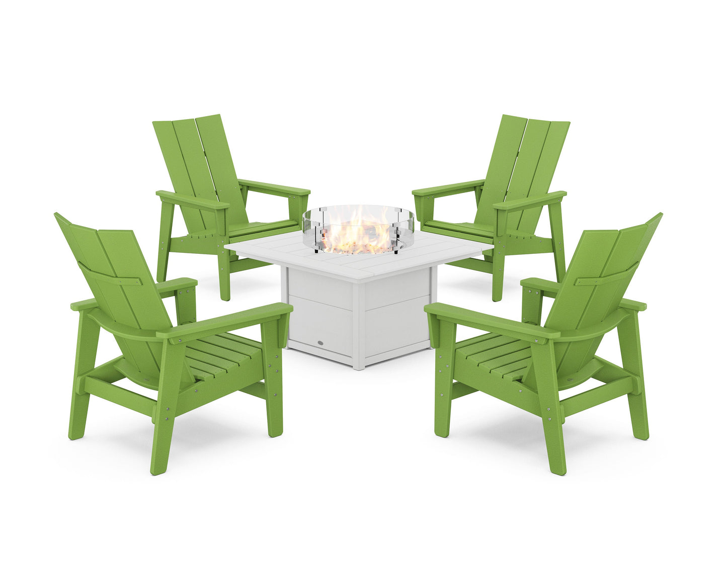 POLYWOOD 5-Piece Modern Grand Upright Adirondack Conversation Set with Fire Pit Table — Lime / White