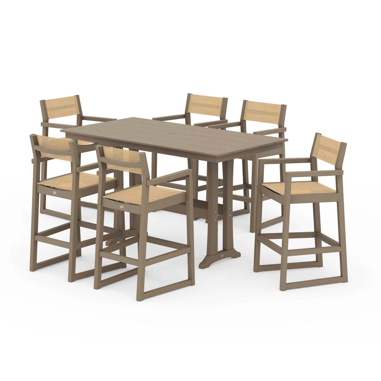 POLYWOOD EDGE Sling Arm Chair 7-Piece Farmhouse Bar Set with Trestle Legs — Vintage Sahara / Dupioni Apricot Sling