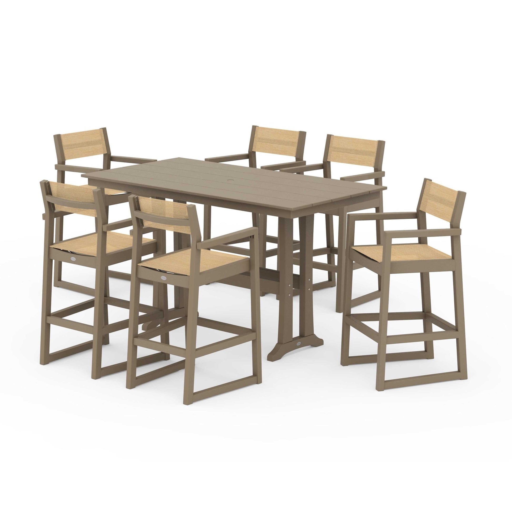 POLYWOOD EDGE Sling Arm Chair 7-Piece Farmhouse Bar Set with Trestle Legs — Vintage Sahara / Dupioni Apricot Sling