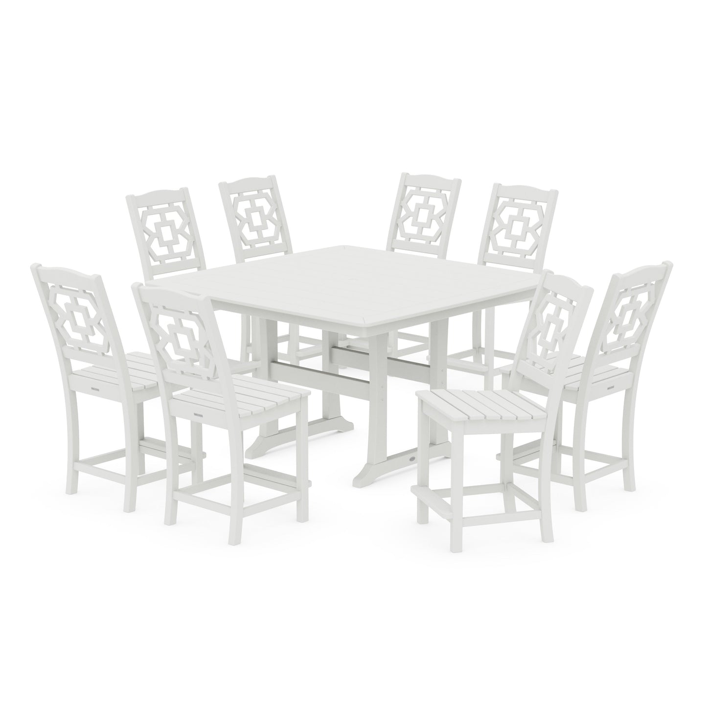POLYWOOD Chinoiserie 9-Piece Square Side Chair Counter Set with Trestle Legs — Vintage White