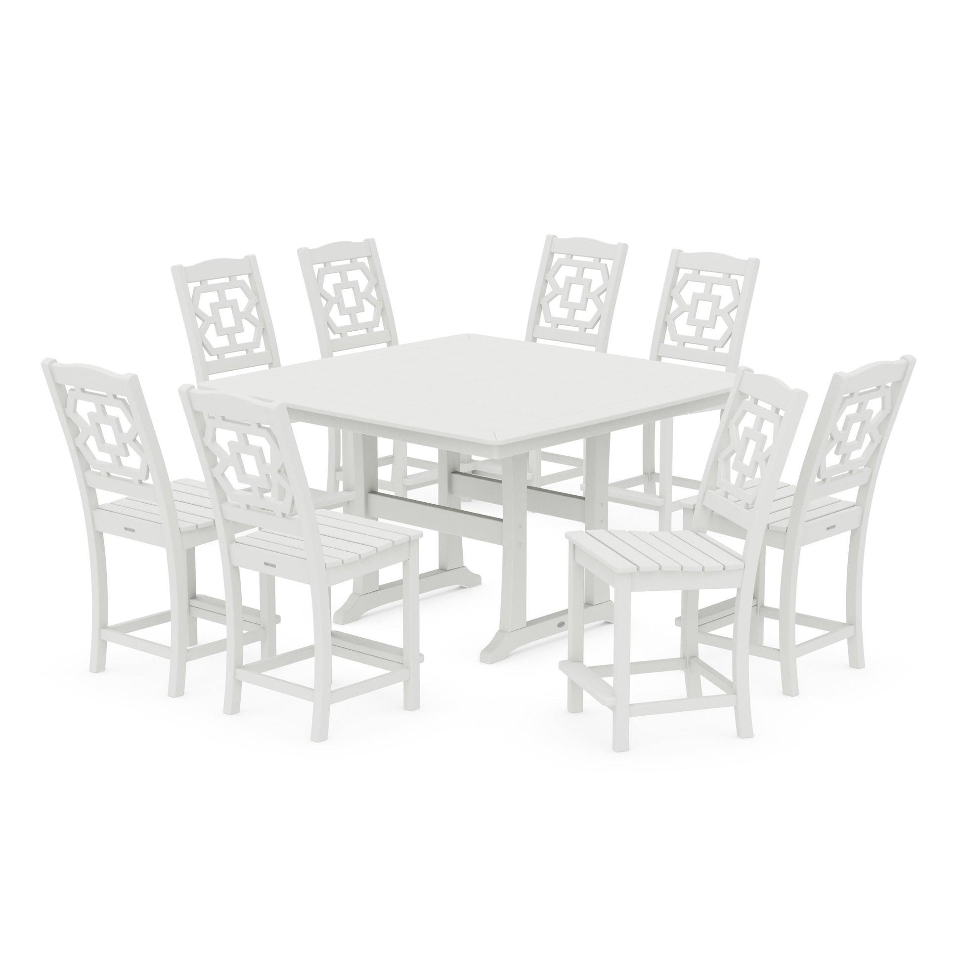 POLYWOOD Chinoiserie 9-Piece Square Side Chair Counter Set with Trestle Legs — Vintage White