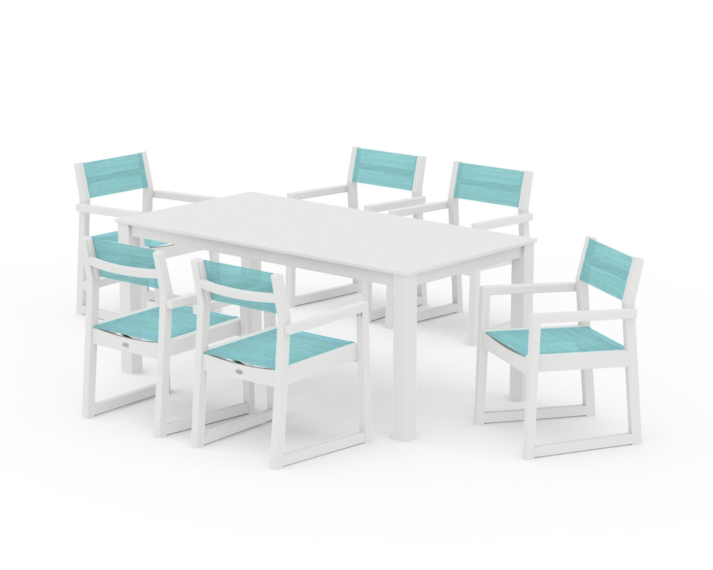 POLYWOOD EDGE Sling Arm Chair 7-Piece Parsons Dining Set — White / Dupioni Aquamarine Sling
