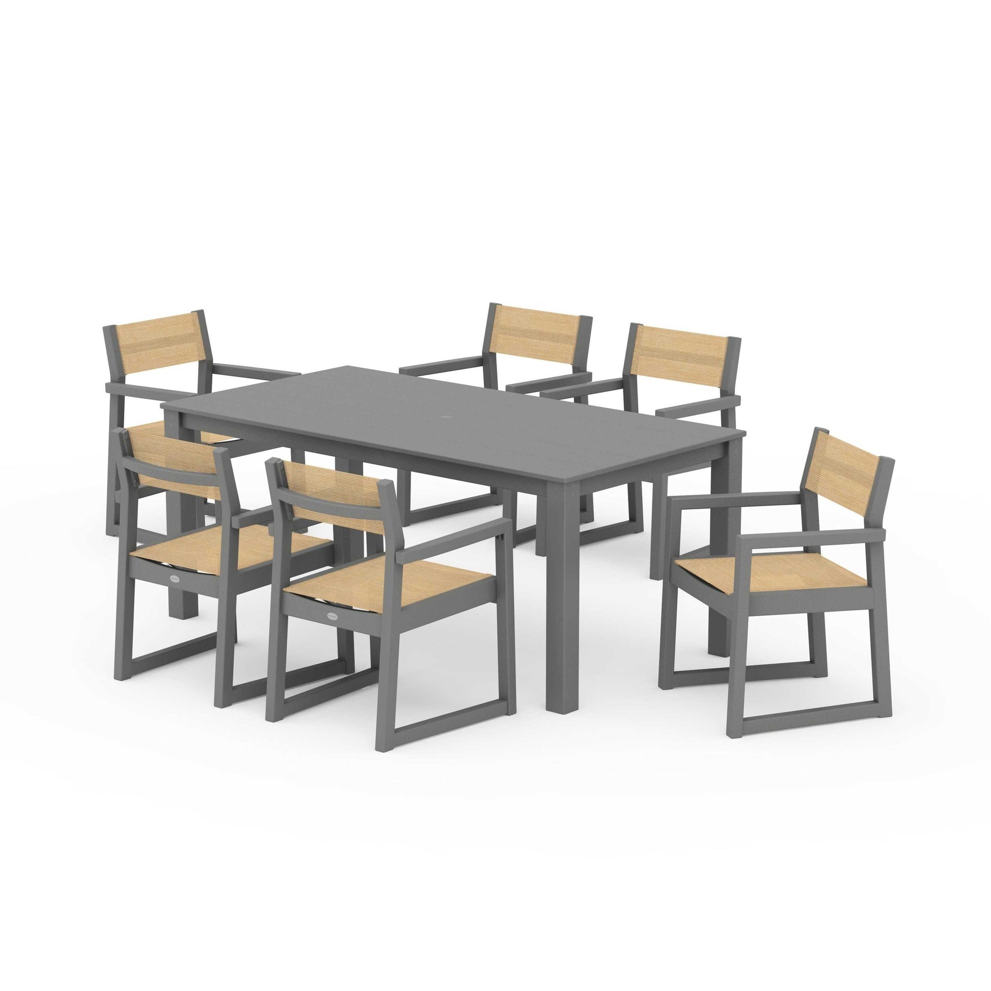 POLYWOOD EDGE Sling Arm Chair 7-Piece Parsons Dining Set — Slate Grey / Dupioni Apricot Sling