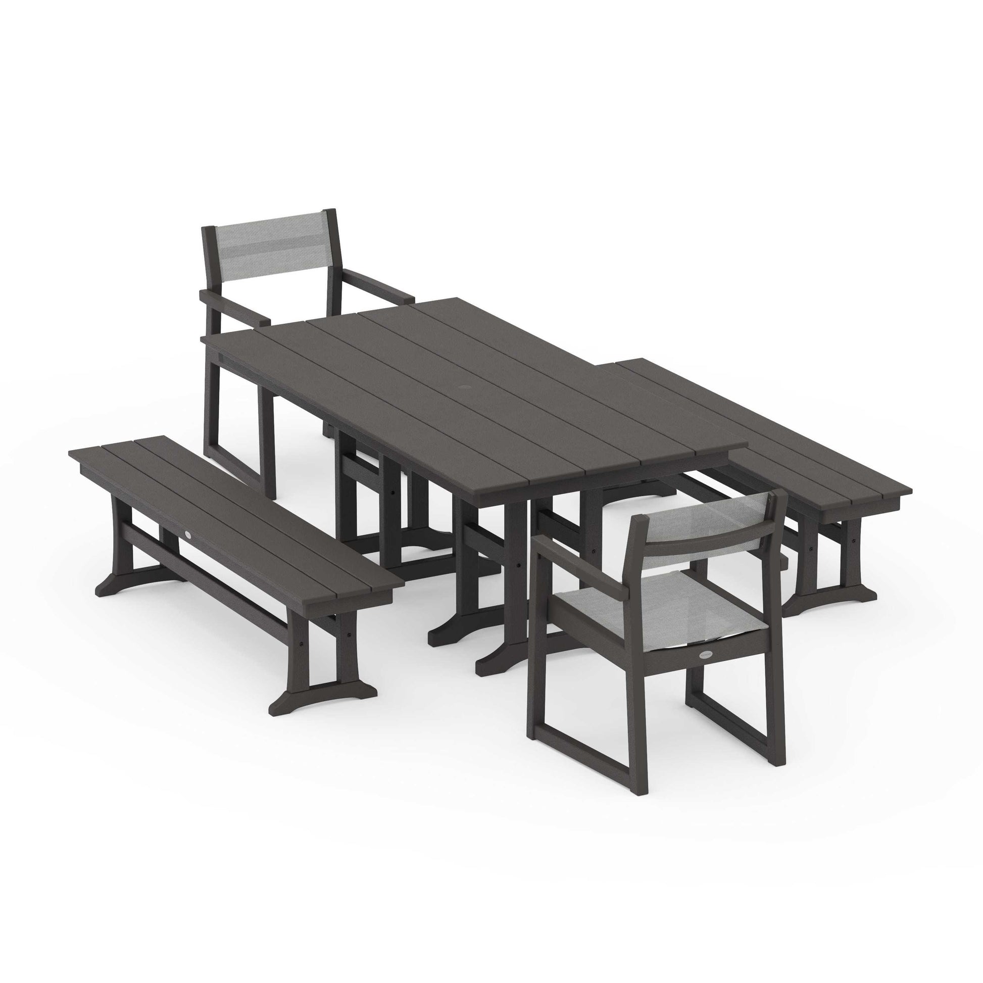POLYWOOD EDGE Sling Arm Chair 5-Piece Farmhouse Dining Set with Benches — Vintage Coffee / Metallic Sling