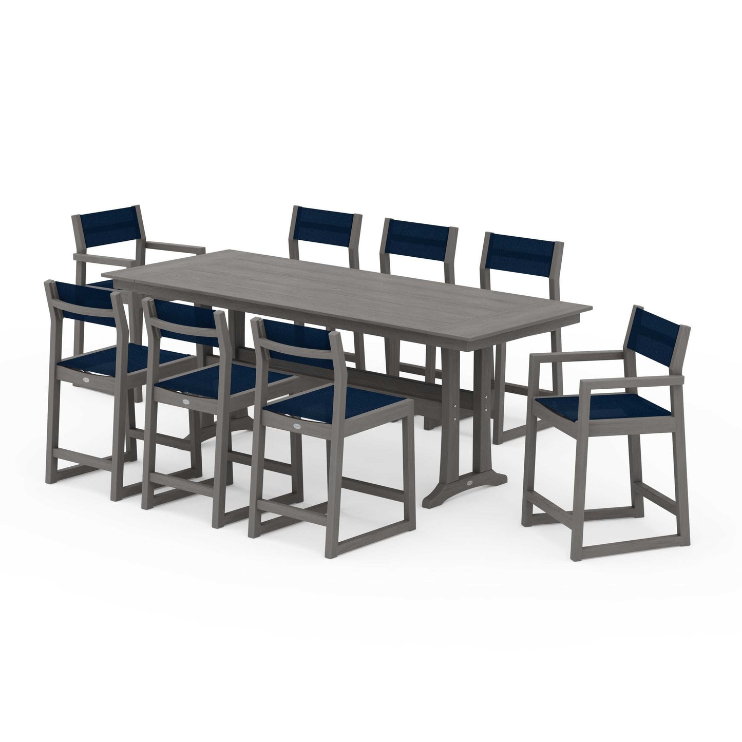 POLYWOOD EDGE Sling 9-Piece Farmhouse Counter Set with Trestle Legs — Driftwood / Navy Blue Sling