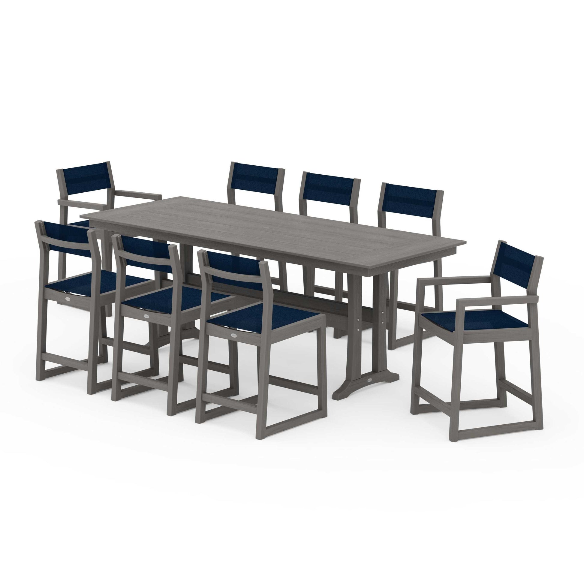 POLYWOOD EDGE Sling 9-Piece Farmhouse Counter Set with Trestle Legs — Driftwood / Navy Blue Sling