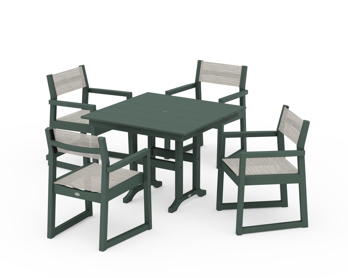 POLYWOOD EDGE Sling Arm Chair 5-Piece Farmhouse Dining Set — Green / Birch Sling