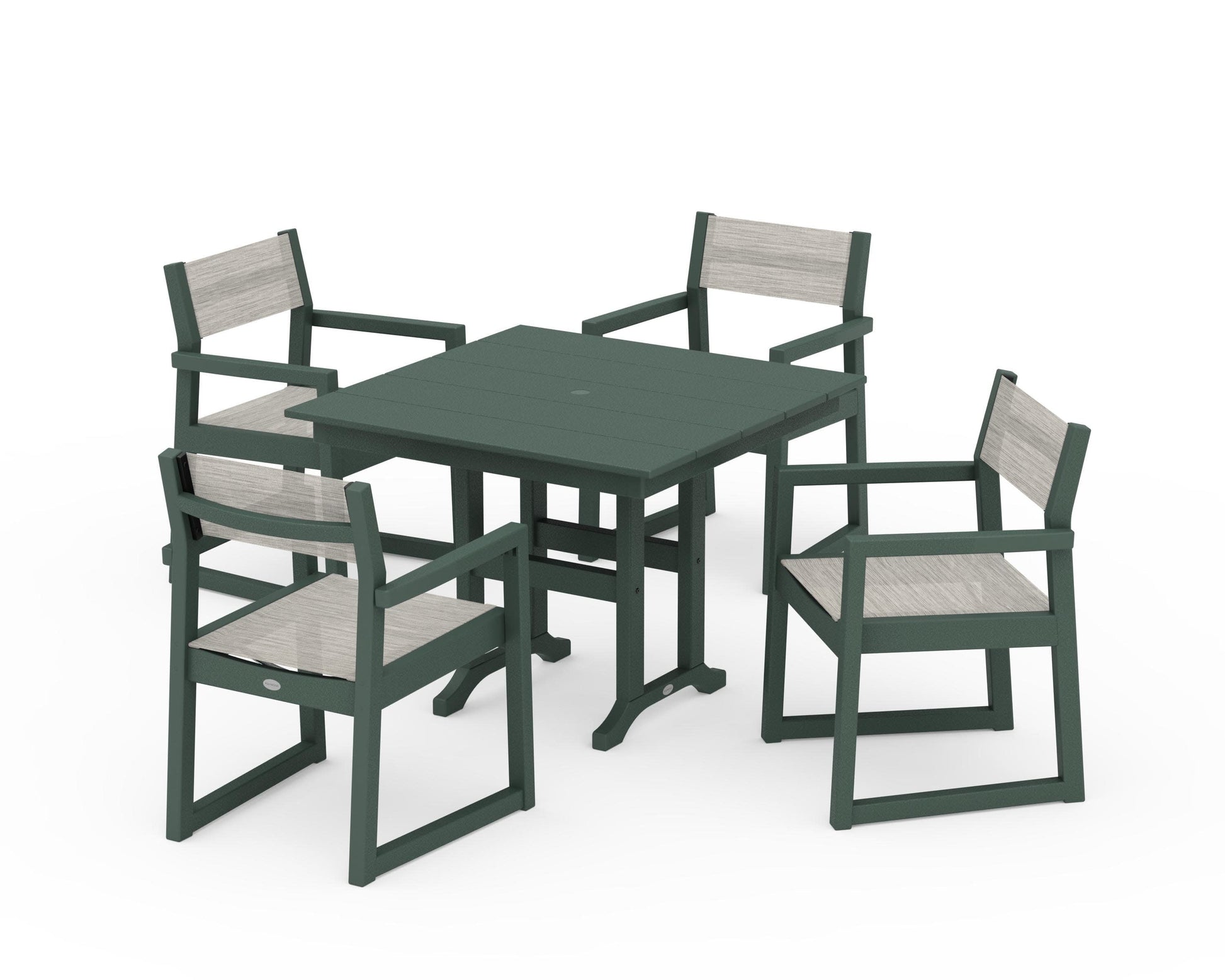 POLYWOOD EDGE Sling Arm Chair 5-Piece Farmhouse Dining Set — Green / Birch Sling