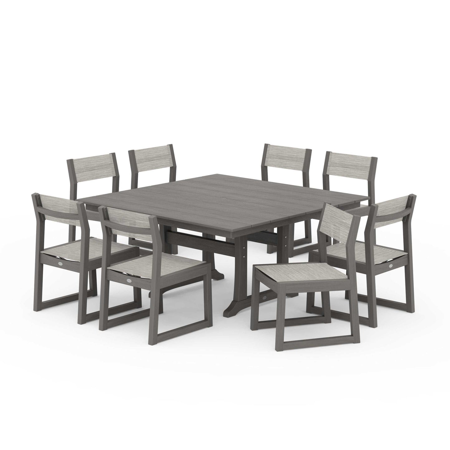 POLYWOOD EDGE Sling Side Chair 9-Piece Farmhouse Trestle Dining Set — Driftwood / Birch Sling