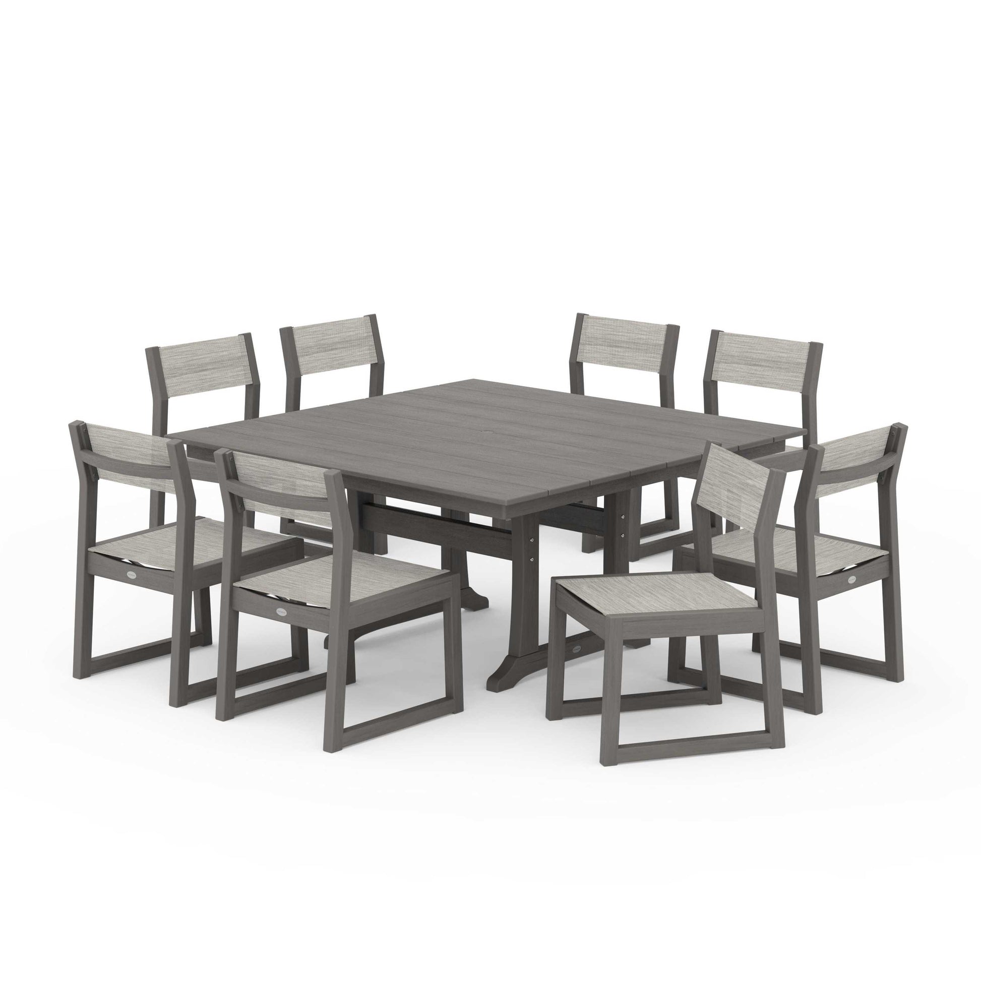 POLYWOOD EDGE Sling Side Chair 9-Piece Farmhouse Trestle Dining Set — Driftwood / Birch Sling