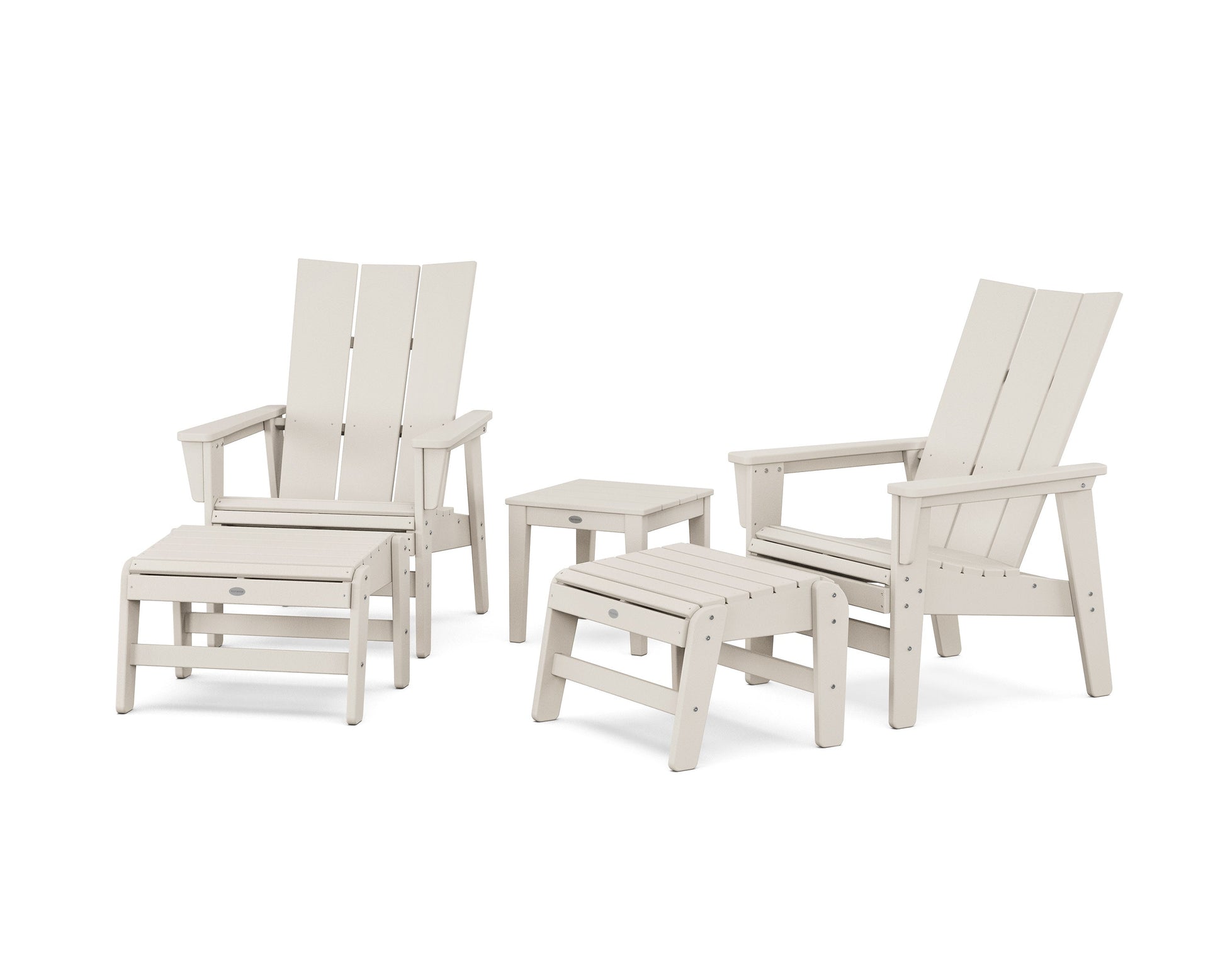 POLYWOOD 5-Piece Modern Grand Upright Adirondack Set with Ottomans and Side Table — Sand