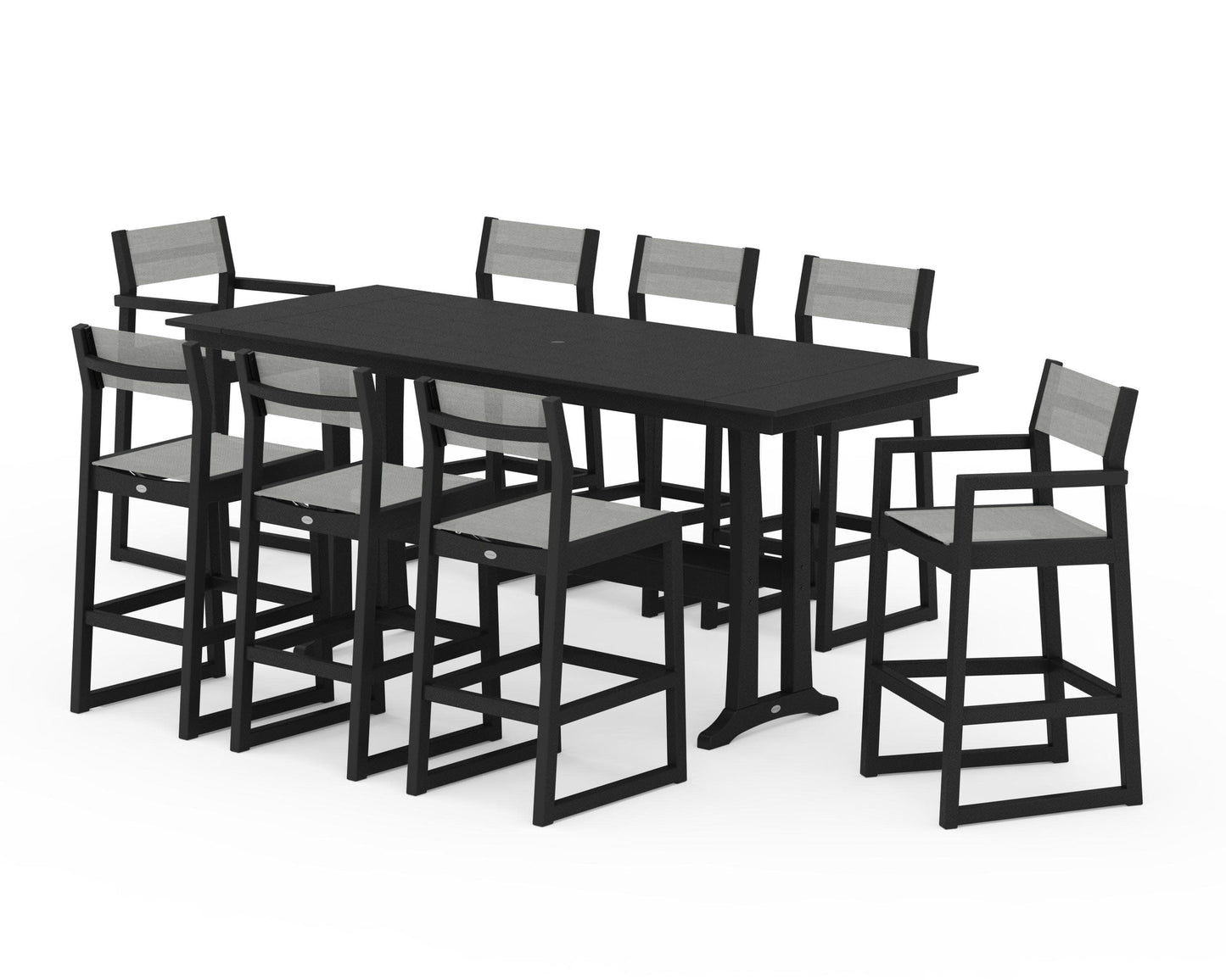 POLYWOOD EDGE Sling 9-Piece Farmhouse Bar Set with Trestle Legs — Black / Metallic Sling
