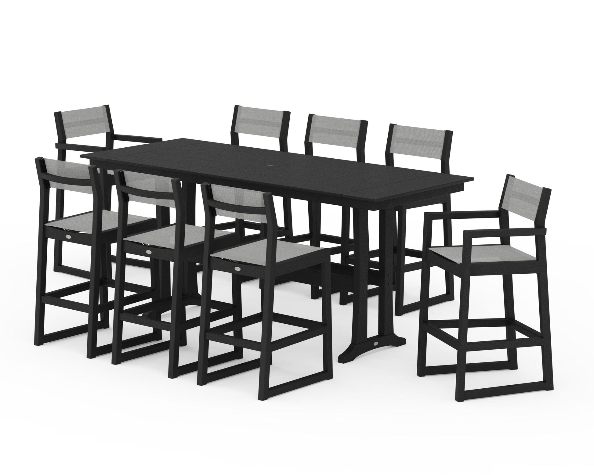 POLYWOOD EDGE Sling 9-Piece Farmhouse Bar Set with Trestle Legs — Black / Metallic Sling