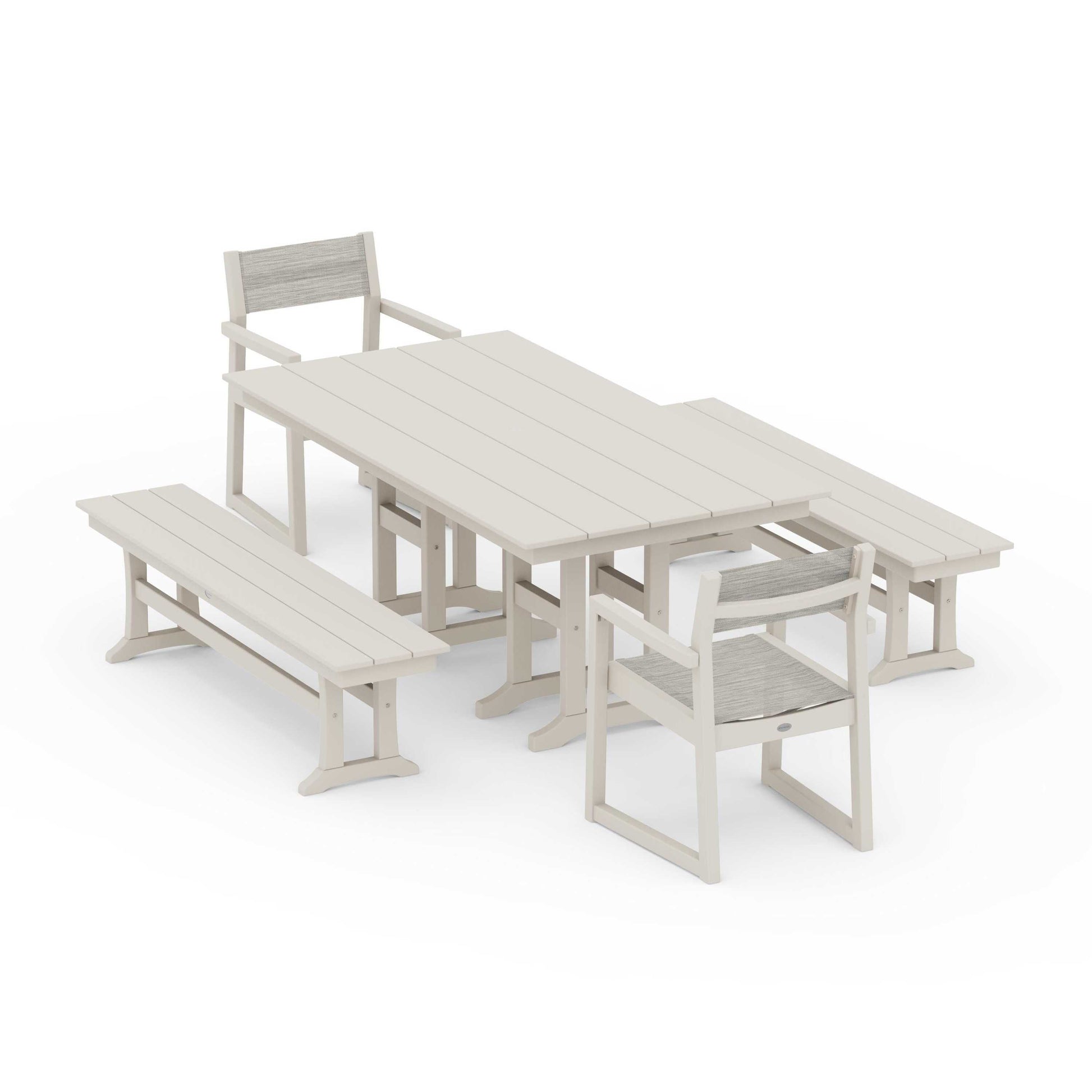 POLYWOOD EDGE Sling Arm Chair 5-Piece Farmhouse Dining Set with Benches — Sand / Birch Sling