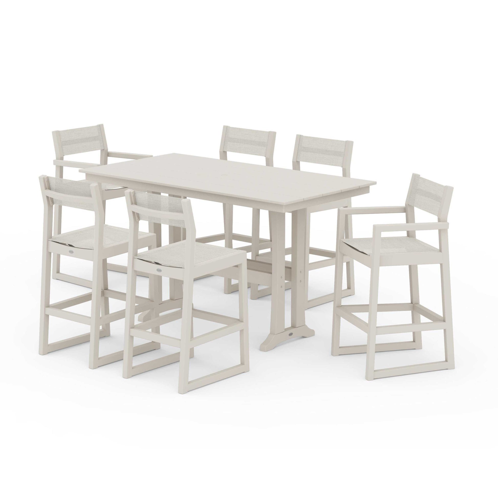 POLYWOOD EDGE Sling 7-Piece Farmhouse Bar Set with Trestle Legs — Sand / Parchment Sling