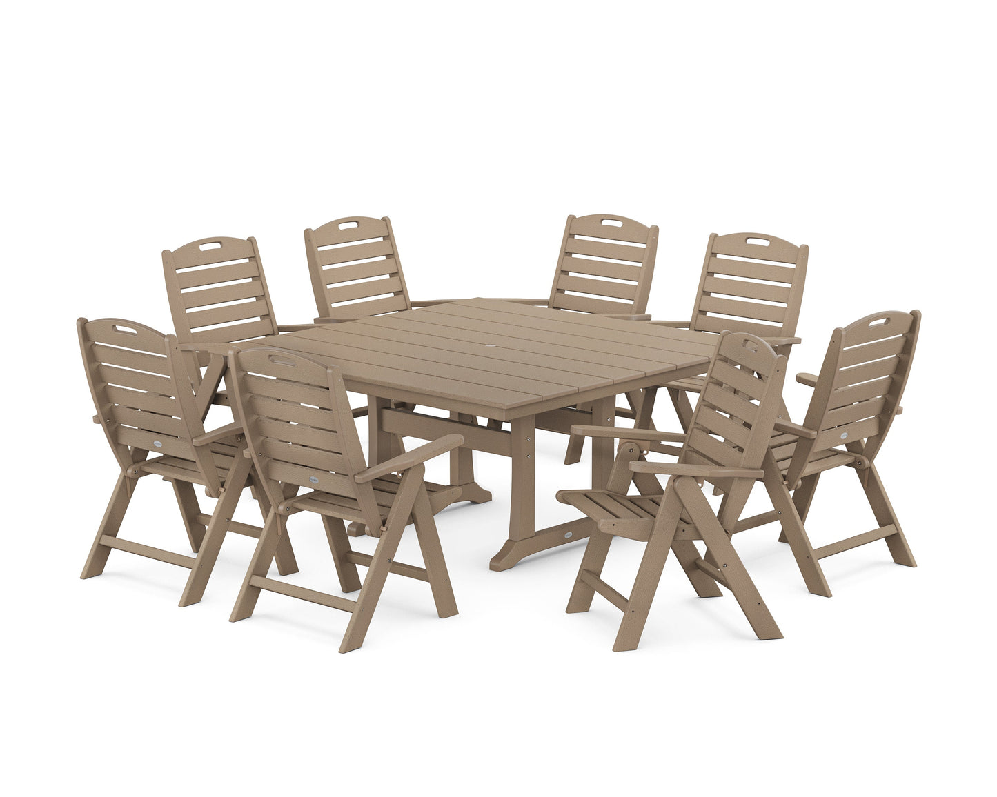 POLYWOOD Nautical Highback 9-Piece Square Farmhouse Dining Set with Trestle Legs — Vintage Sahara