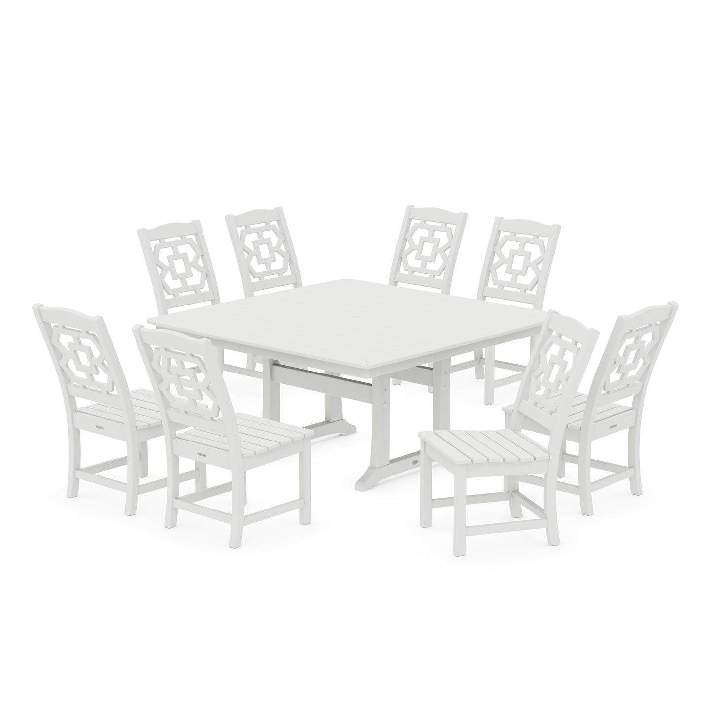 POLYWOOD Chinoiserie 9-Piece Square Side Chair Dining Set with Trestle Legs — Vintage White