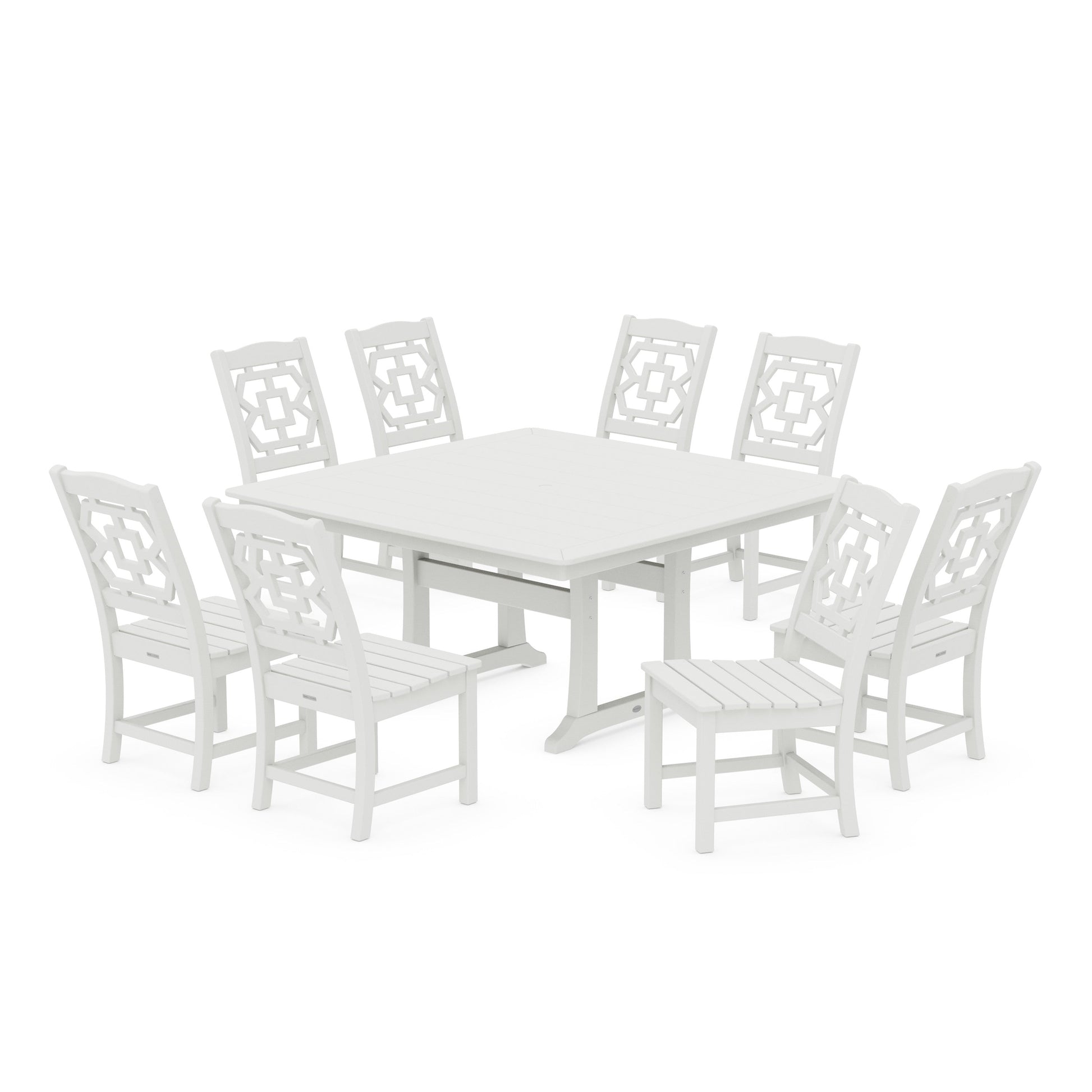 POLYWOOD Chinoiserie 9-Piece Square Side Chair Dining Set with Trestle Legs — Vintage White