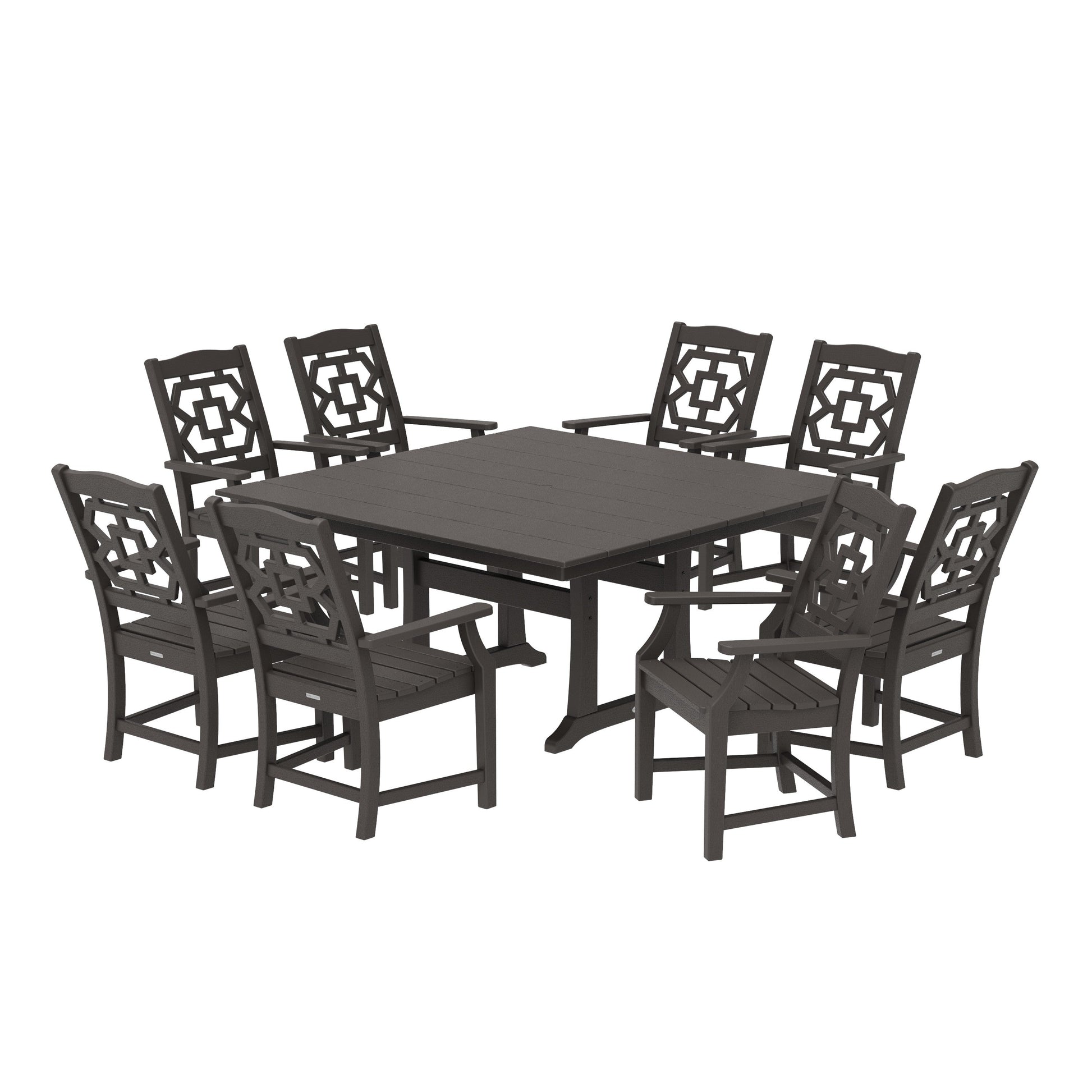 POLYWOOD Chinoiserie 9-Piece Square Farmhouse Dining Set with Trestle Legs — Vintage Coffee
