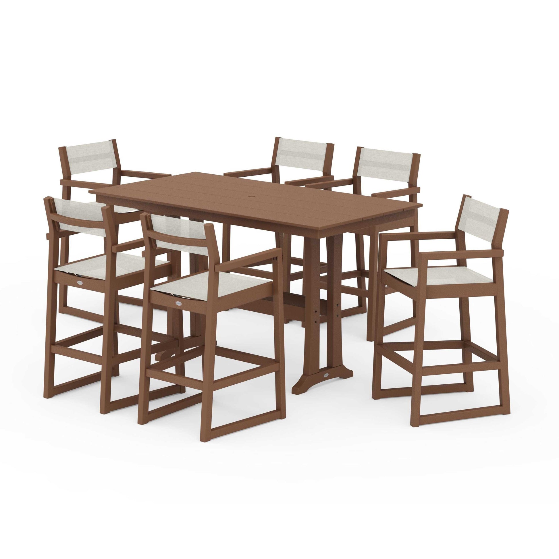 POLYWOOD EDGE Sling Arm Chair 7-Piece Farmhouse Bar Set with Trestle Legs — Teak / Parchment Sling