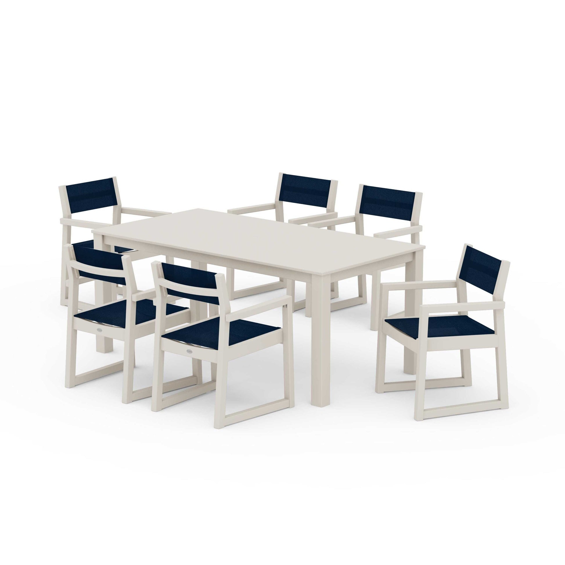POLYWOOD EDGE Sling Arm Chair 7-Piece Parsons Dining Set — Sand / Navy Blue Sling