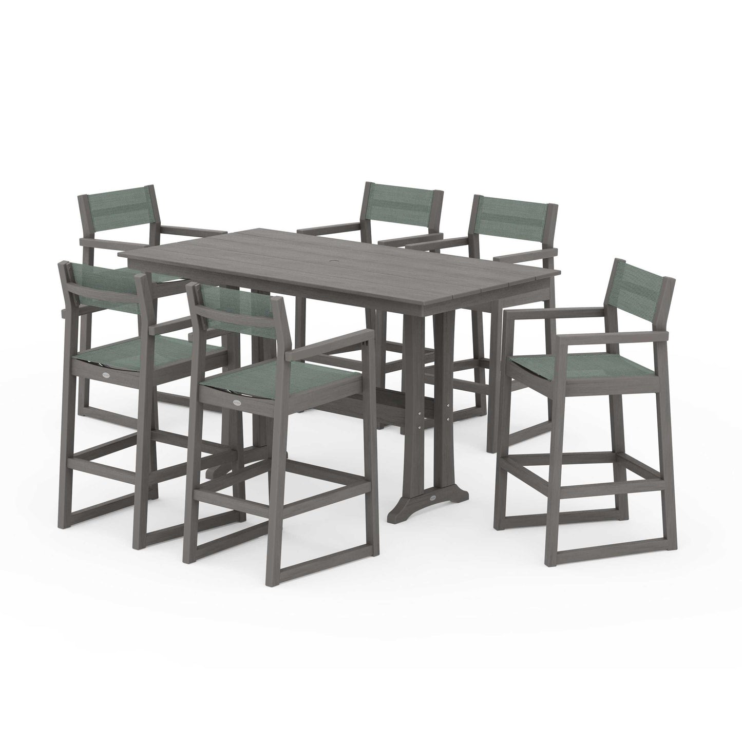 POLYWOOD EDGE Sling Arm Chair 7-Piece Farmhouse Bar Set with Trestle Legs — Driftwood / Dupioni Sea Mist Sling