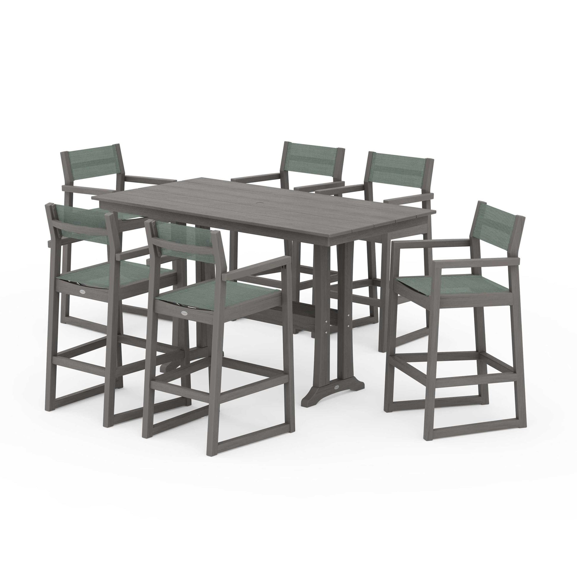 POLYWOOD EDGE Sling Arm Chair 7-Piece Farmhouse Bar Set with Trestle Legs — Driftwood / Dupioni Sea Mist Sling