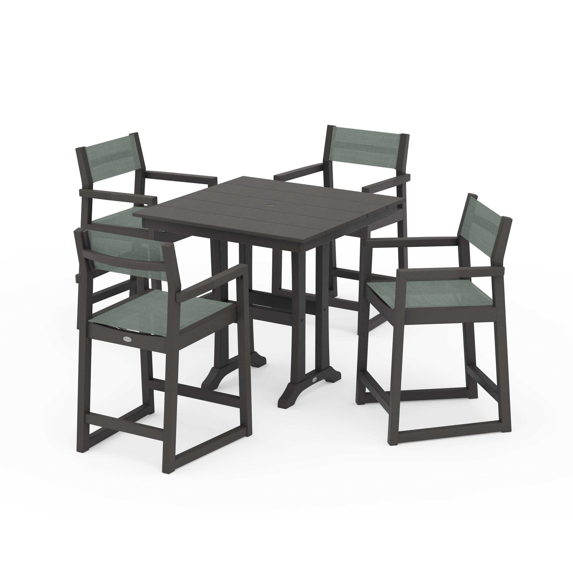POLYWOOD EDGE Sling Arm Chair 5-Piece Farmhouse Counter Set with Trestle Legs — Vintage Coffee / Dupioni Sea Mist Sling