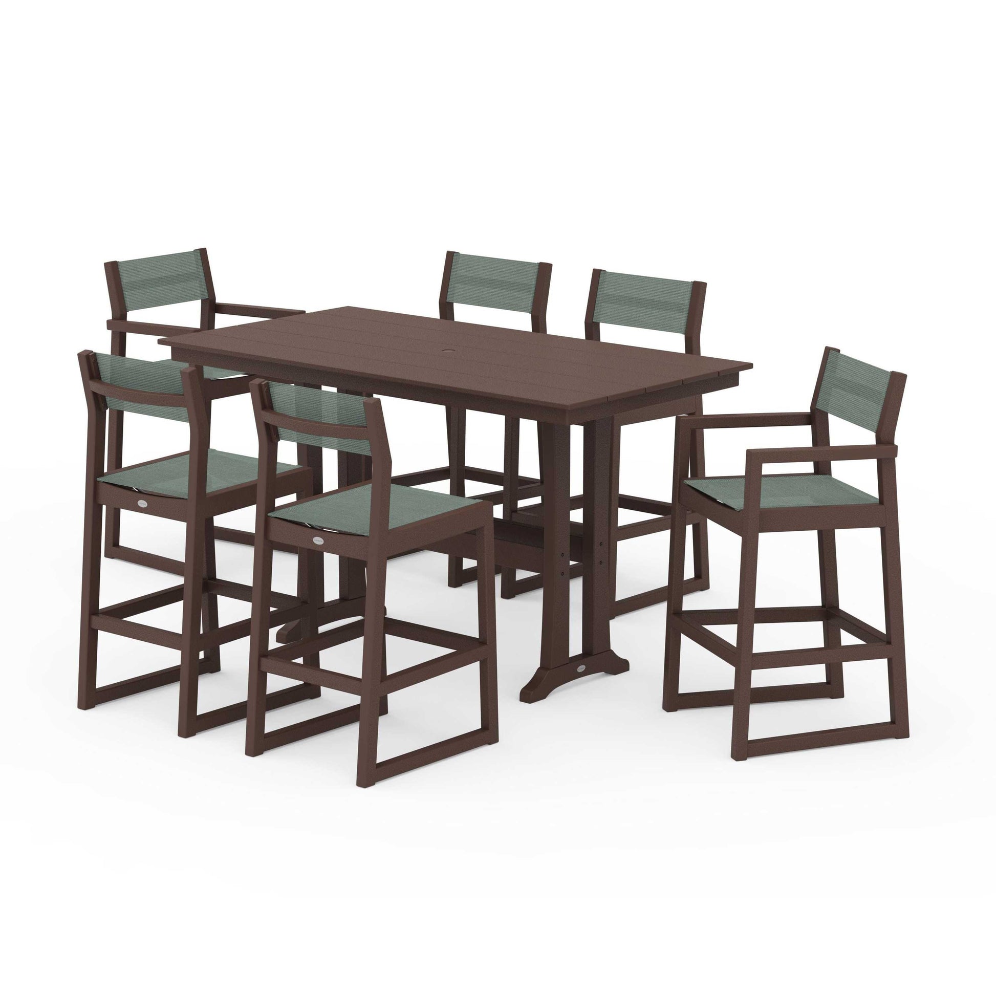 POLYWOOD EDGE Sling 7-Piece Farmhouse Bar Set with Trestle Legs — Mahogany / Dupioni Sea Mist Sling