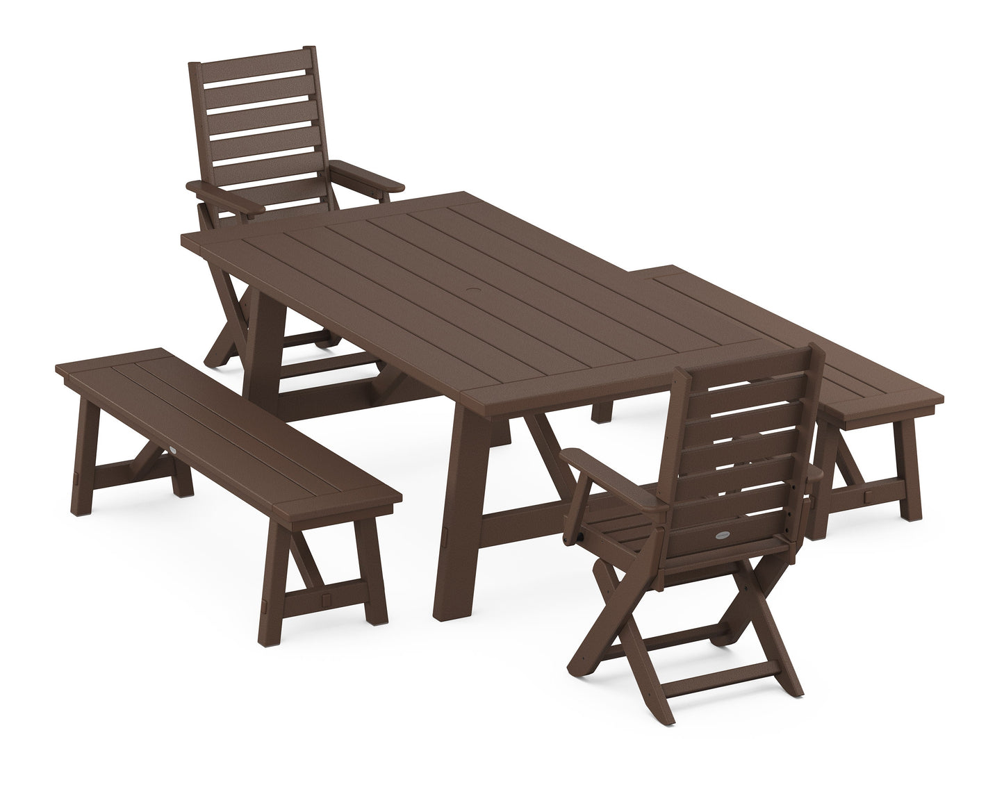 POLYWOOD Captain Folding Chair 5-Piece Rustic Farmhouse Dining Set With Benches — Mahogany