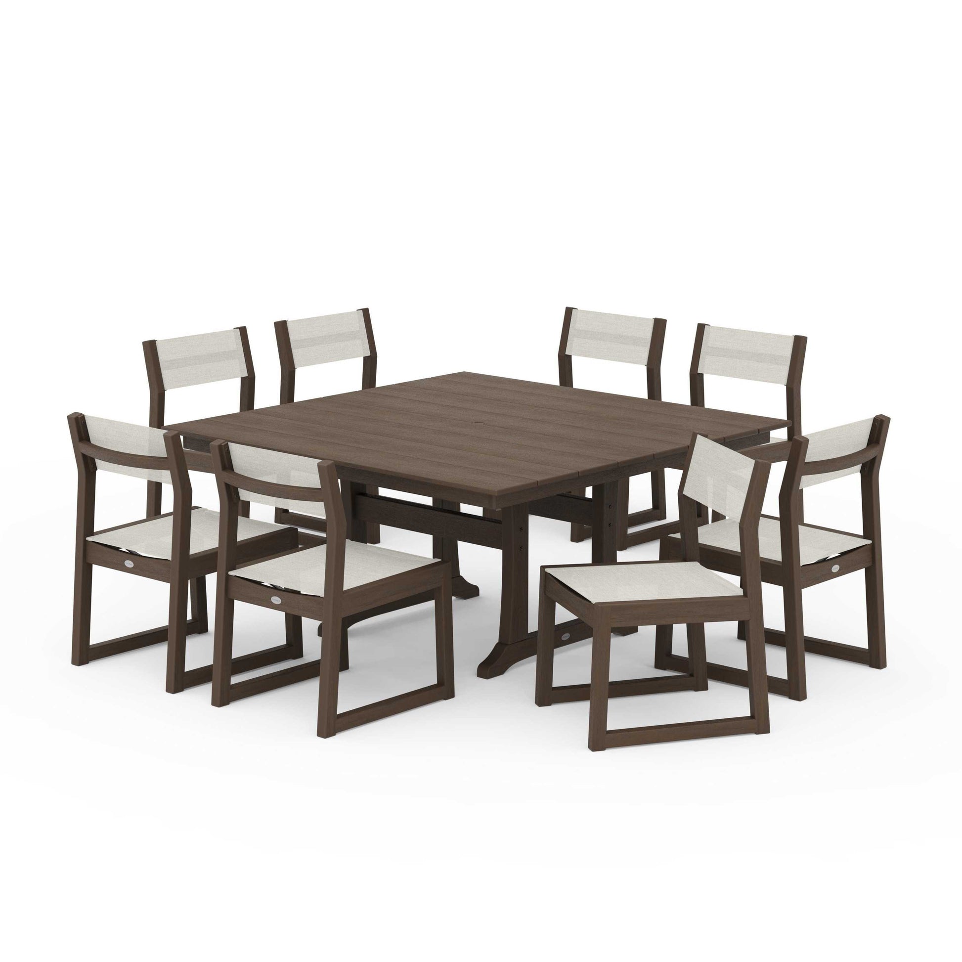 POLYWOOD EDGE Sling Side Chair 9-Piece Farmhouse Trestle Dining Set — Kona / Parchment Sling