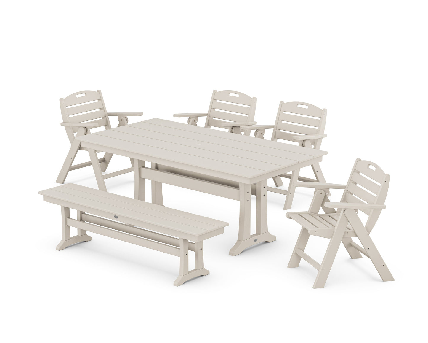 POLYWOOD Nautical Lowback 6-Piece Farmhouse Dining Set with Trestle Legs and Bench — Sand