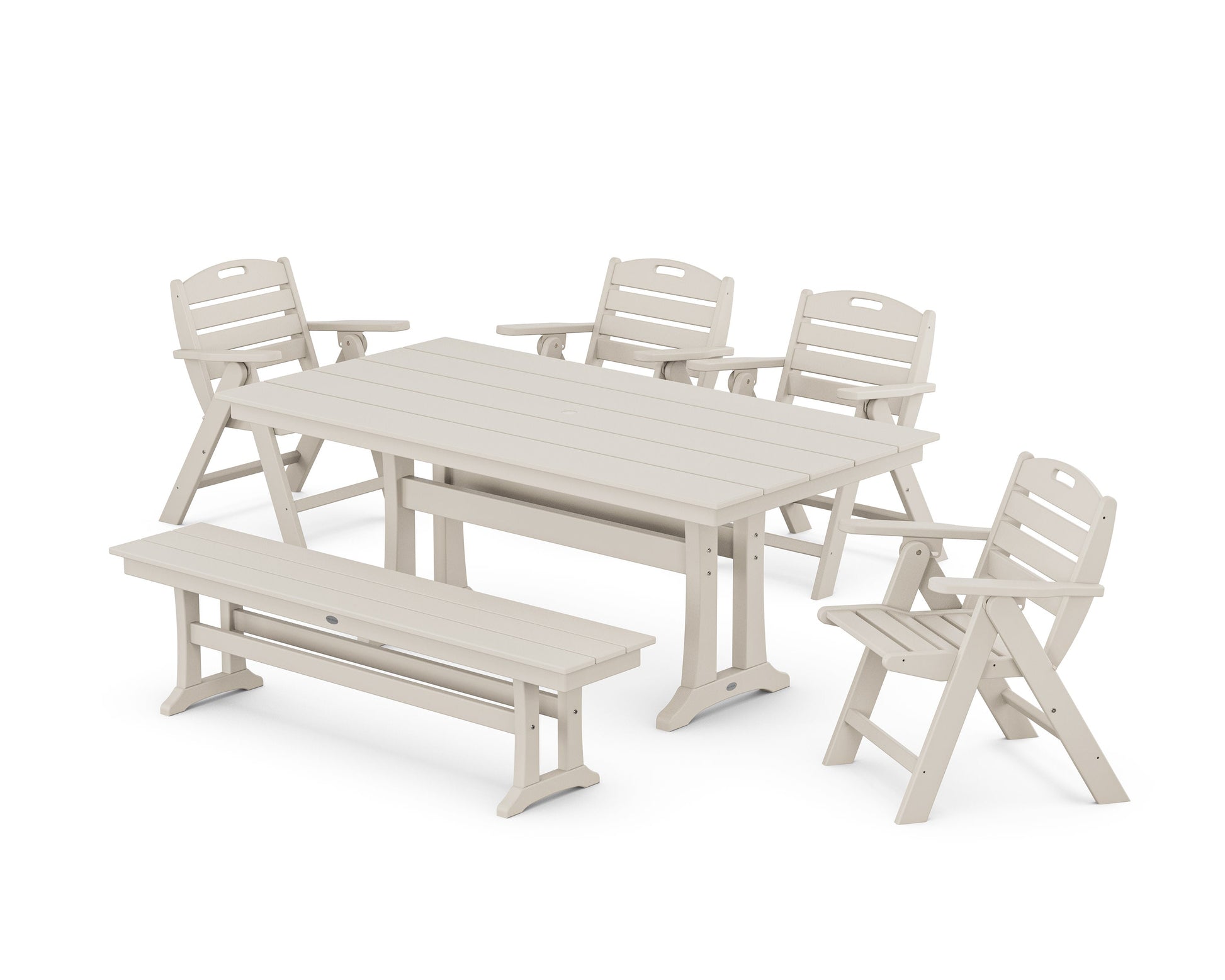 POLYWOOD Nautical Lowback 6-Piece Farmhouse Dining Set with Trestle Legs and Bench — Sand