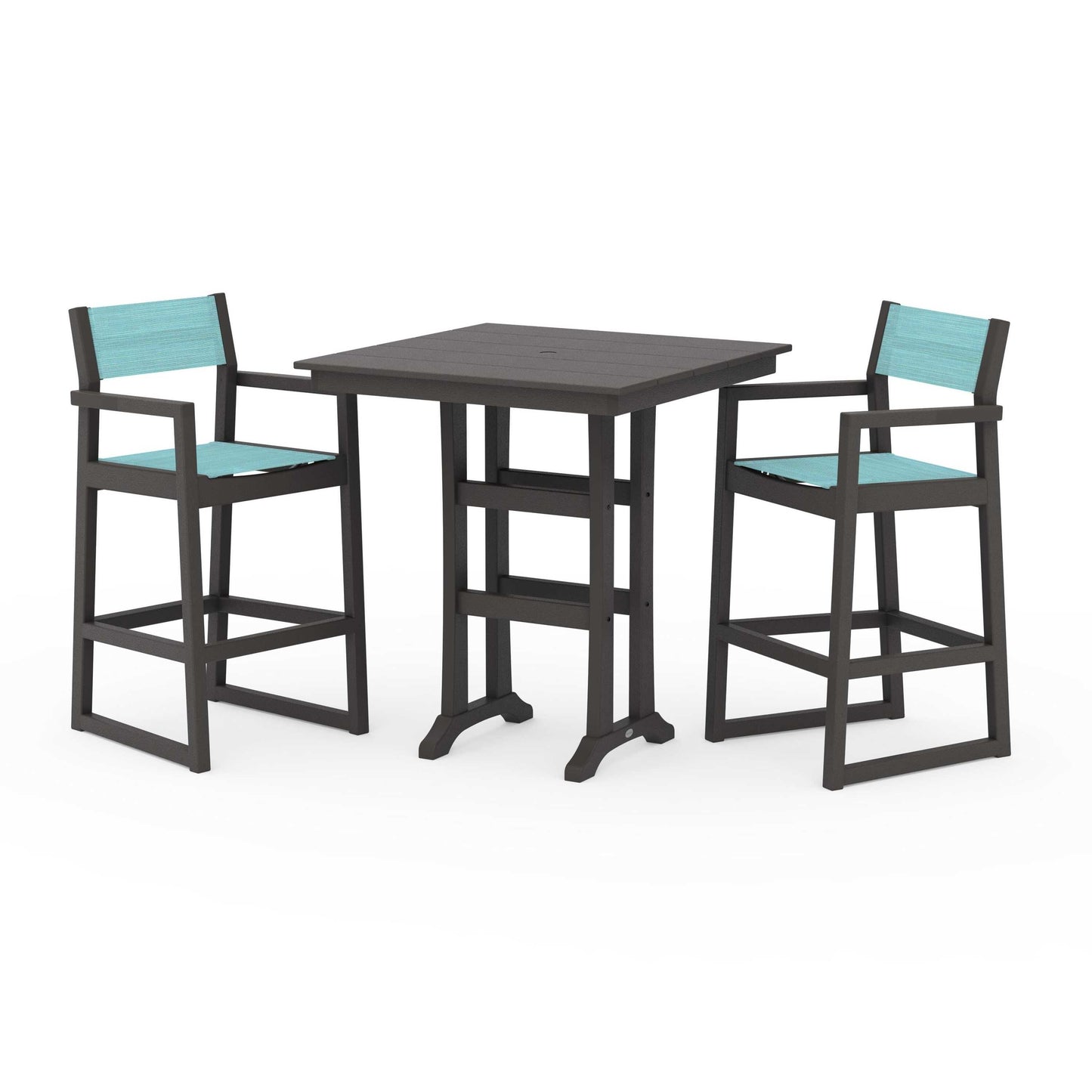 POLYWOOD EDGE Sling Arm Chair 3-Piece Farmhouse Bar Set with Trestle Legs — Vintage Coffee / Dupioni Aquamarine Sling